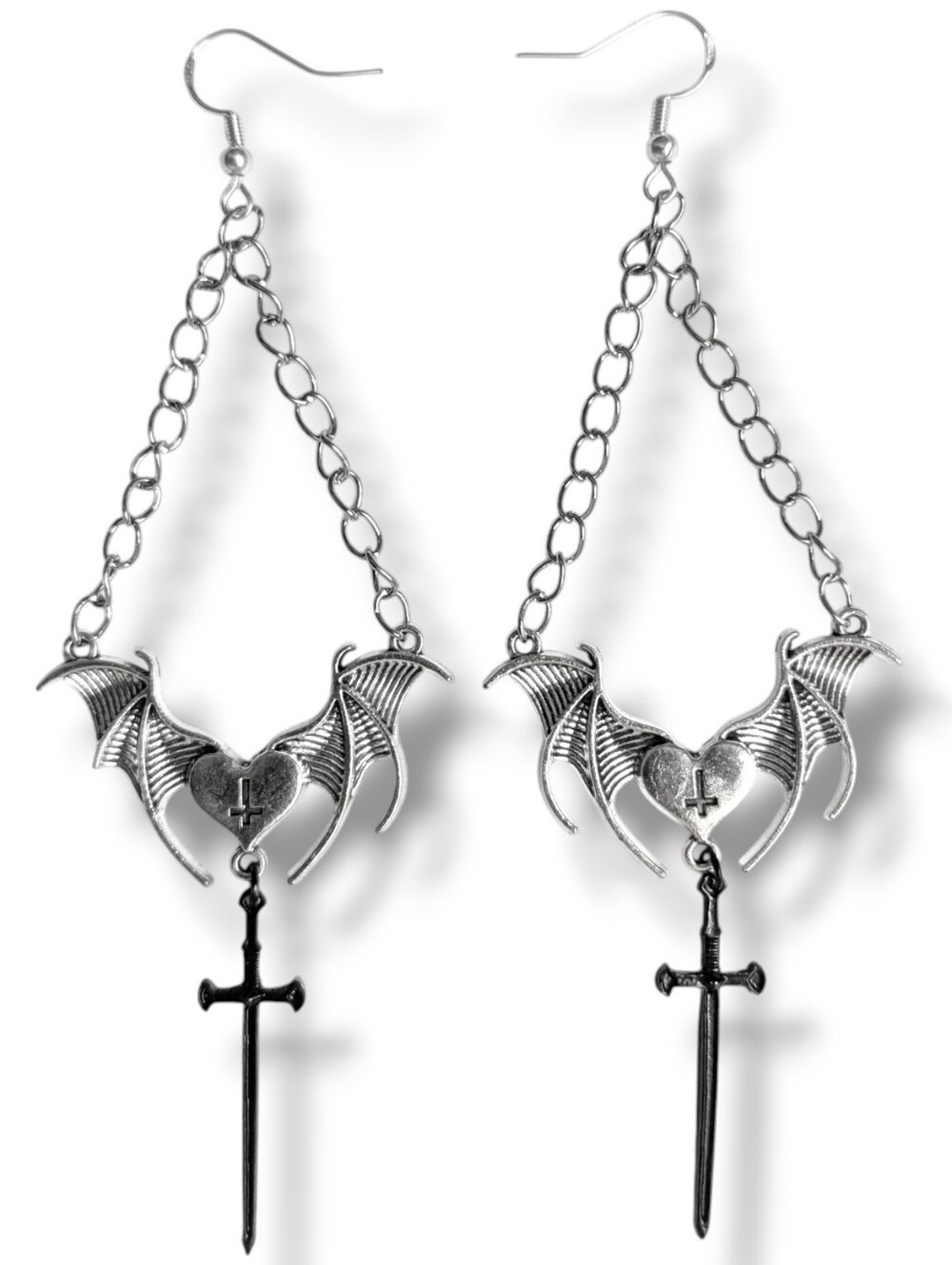 NWT Handmade Silver Heart Bat Dangly Black Sword and Chain Connector Earrings
